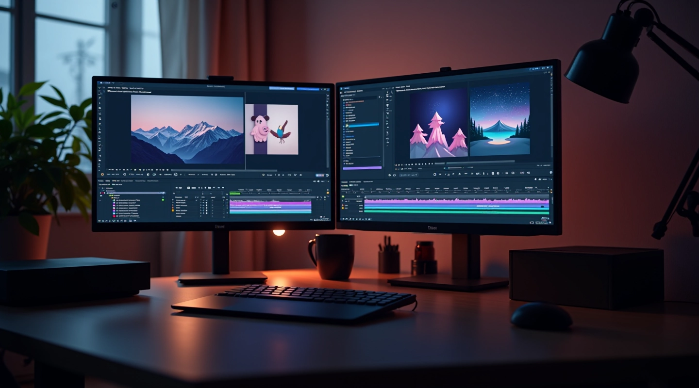 Estúdio profissional de animação com computadores de alta performance e monitores exibindo timeline de After Effects