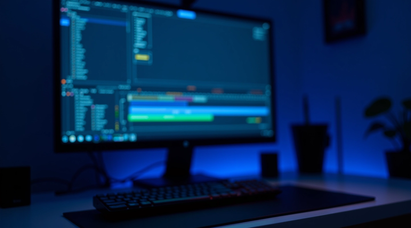 Teclado de computador com monitor exibindo timeline de animação no After Effects